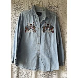 Vintage 90s Frogs Quizz New York Denim Long Sleeve Shirt Embroidered Women's Med